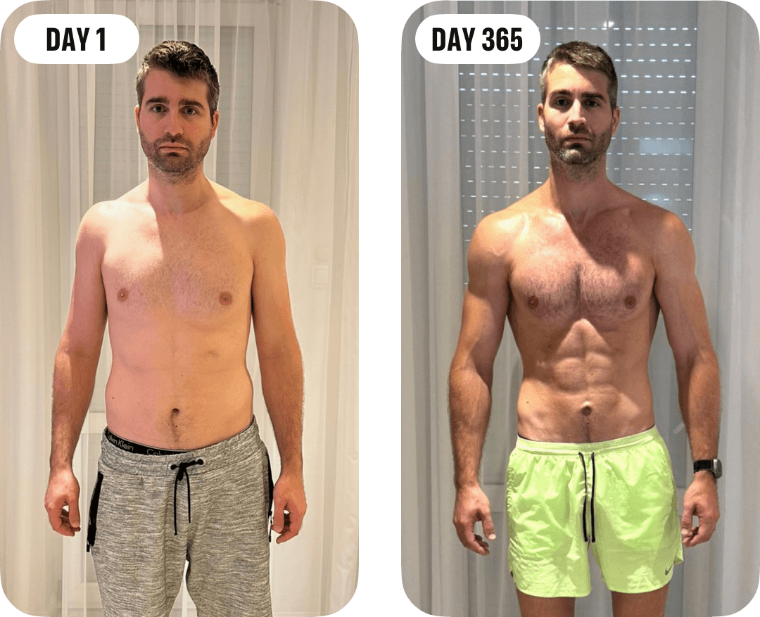Mark’s progress photos side by side, from day 1 and day 365 of his daily exercise routine.