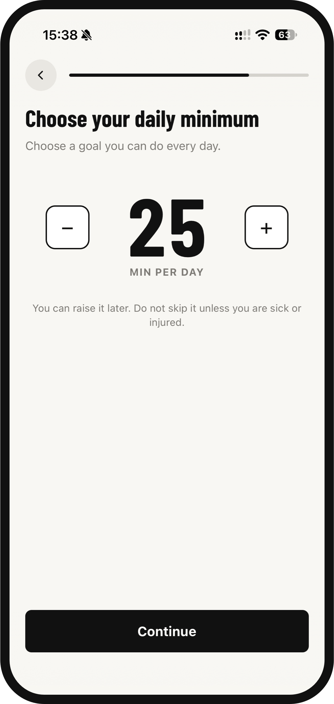 UNSKIP goal setting screen for choosing a daily movement duration