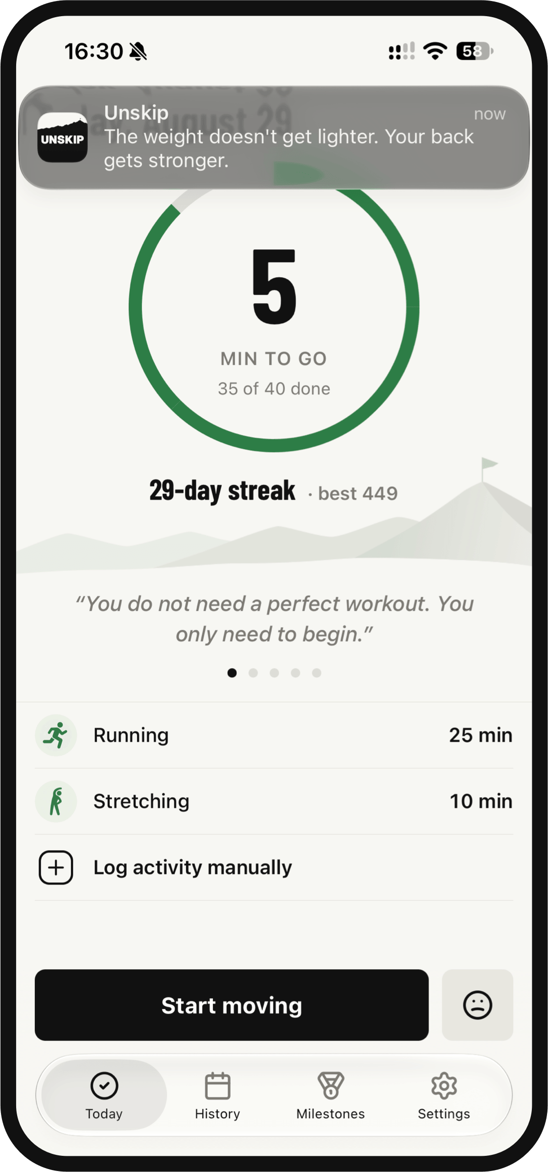 UNSKIP movement reminder notification