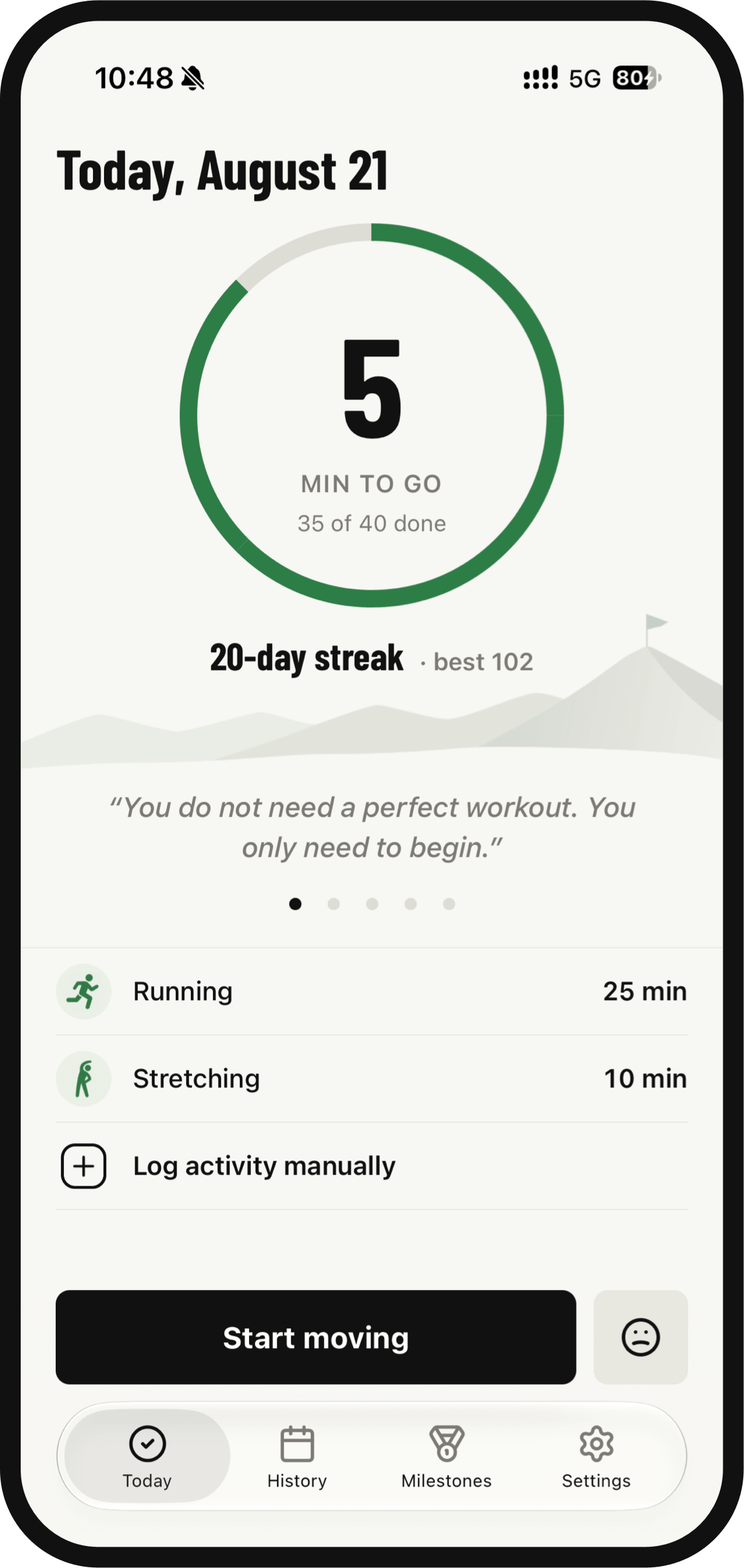 UNSKIP Today screen showing daily movement progress and a streak